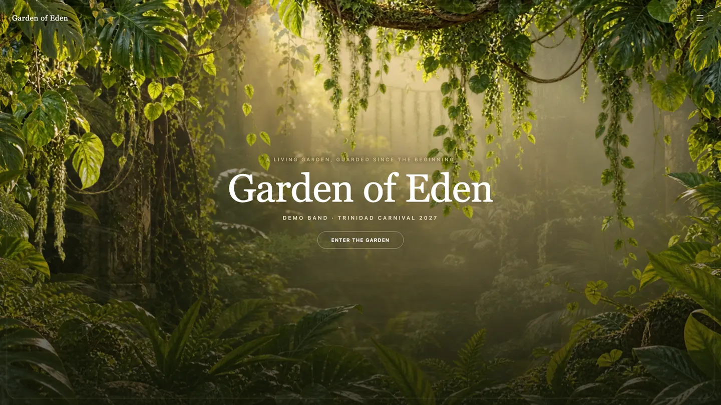 The Garden of Eden prototype — a sunlit clearing under a jungle canopy