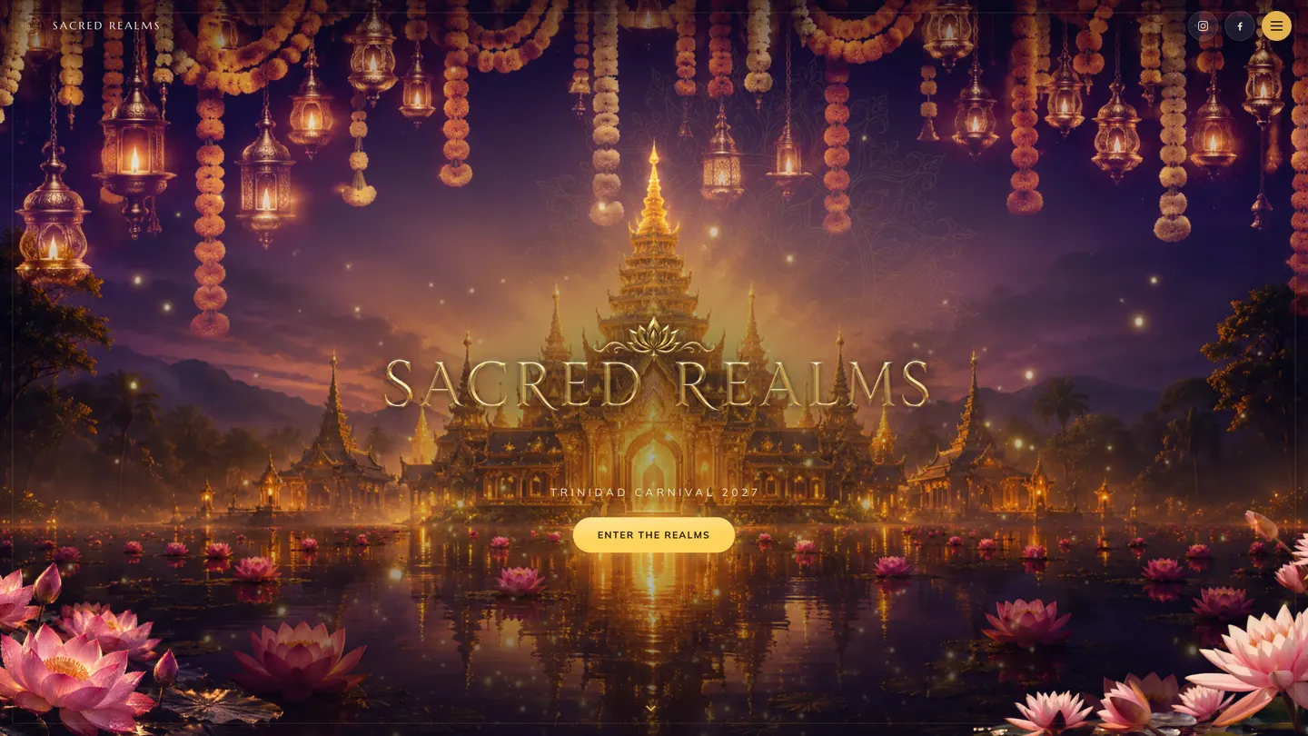 The Sacred Realms prototype — a golden temple under lanterns, lotus in the water